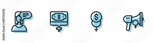 Set line Feminism finance, Female opinion, Money growth woman and Feminist activist icon. Vector