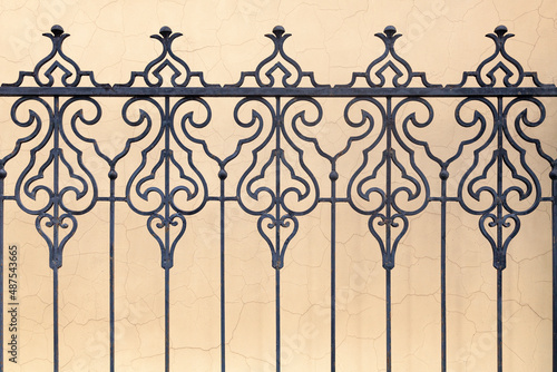 Ornate wrought iron fence against a cracked wall