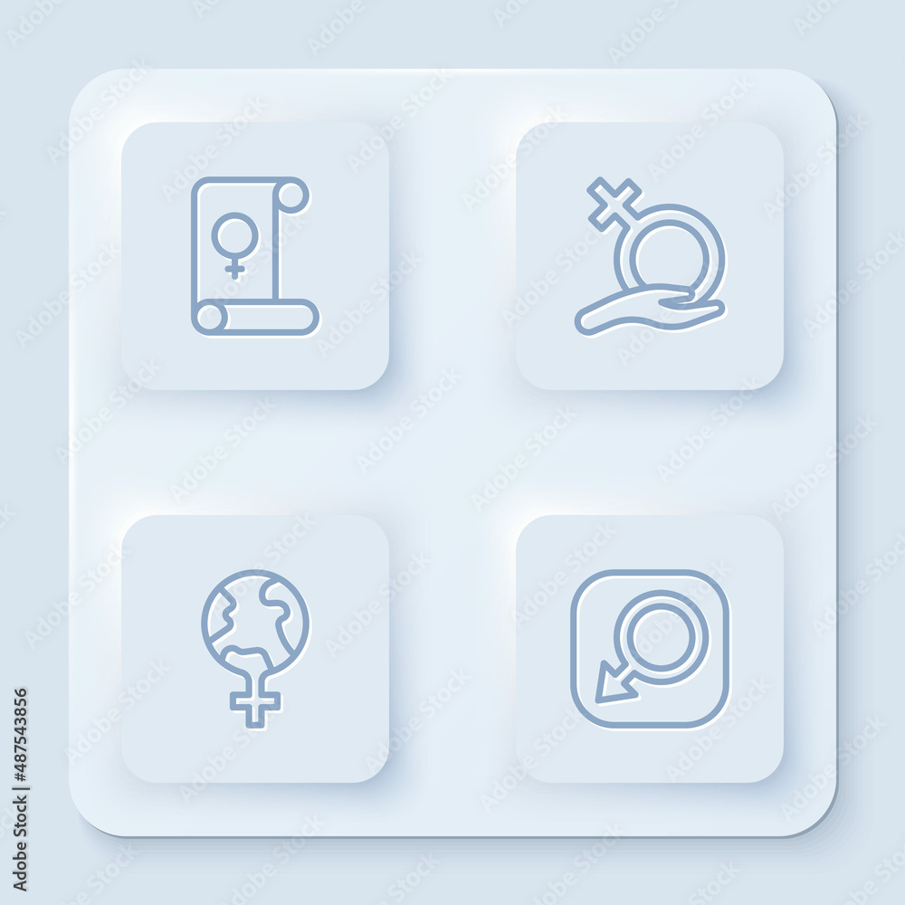 Set line Feminism, Female gender, the world and Male. White square button. Vector