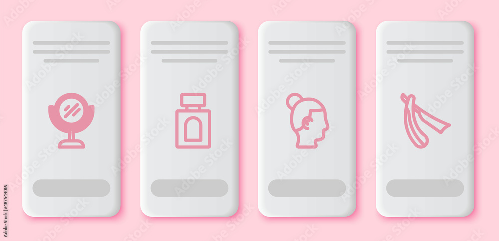 Set line Hand mirror, Aftershave, Hairstyle for men and Straight razor. White rectangle button. Vector Set line Hand mirror, Aftershave, Hairstyle for men and Straight razor. White rectangle button. Vector