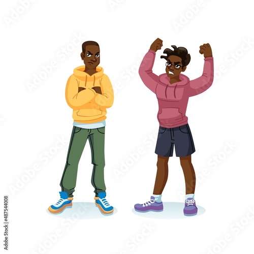 Vector cartoon flat black characters couple in aggressive mood-social inequality and protest,discontent,black lives matter movement,anger management,social behavior concept,web site banner ad design