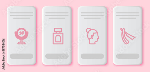 Set line Hand mirror, Aftershave, Hairstyle for men and Straight razor. White rectangle button. Vector