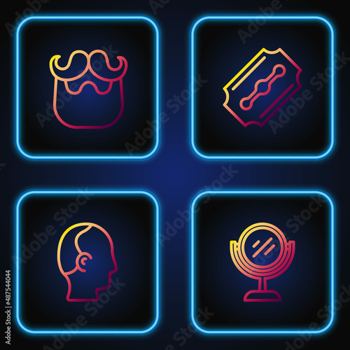 Set line Hand mirror, Baldness, Mustache beard and Blade razor. Gradient color icons. Vector