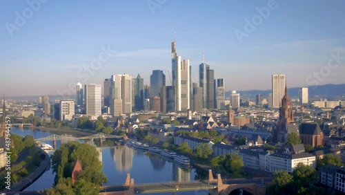 FRANKFURT, GERMANY. Aerial View by day. Futuristic skyline of the business and financial centre of Frankfurt am Main. Landmark of Western Europe. (Summer 2021, Original 4K)
