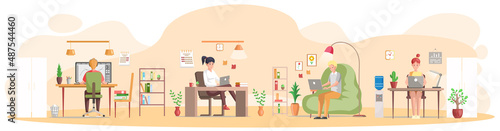 Distance working with laptop, computer and internet entertainment concept. Set of people sitting with laptops and working. Remote work, typing, online home freelancing with laptop, computer