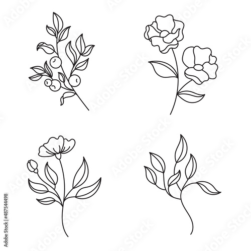 A set of illustrations with flowers and plants. Branches with leaves. Logo of cosmetics. Decorative elements isolated on a white background.