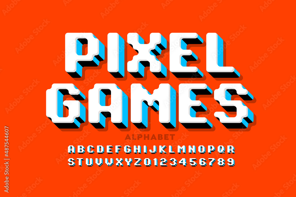 Pixel arcade games style font design, 3d alphabet, letters and numbers
