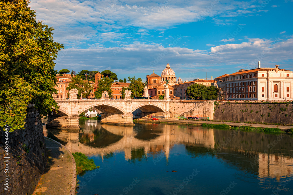 Saint Peter Basilica near the bridge on the Tiber river. Rome, Italy.