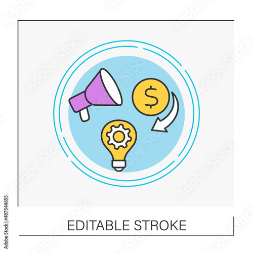 Marketing concept line icon.Implementation of new marketing method. Changes in product design or packaging, product placement,pricing.Innovation.Vector isolated conception metaphor illustration