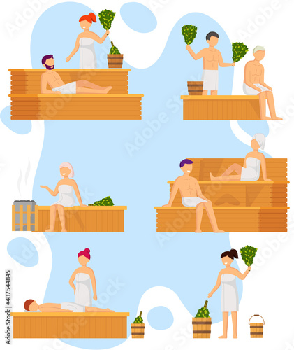 Sauna and steam room. Set of people in sauna. People relax and steam with birch brooms in traditional russian stove for female and male. Finnish bathhouse. Public sauna, Friends in spa resort