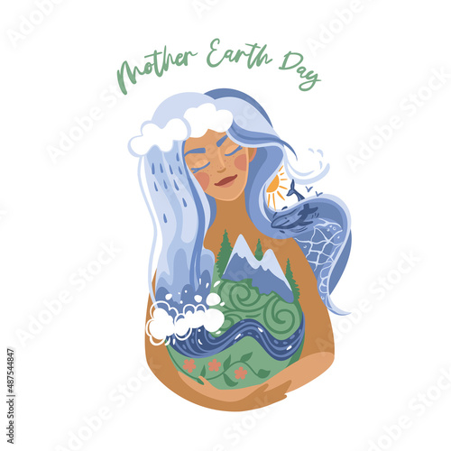 Mother earth day.
Woman hugging the planet.  Natural world. International holiday. Vector illustration.