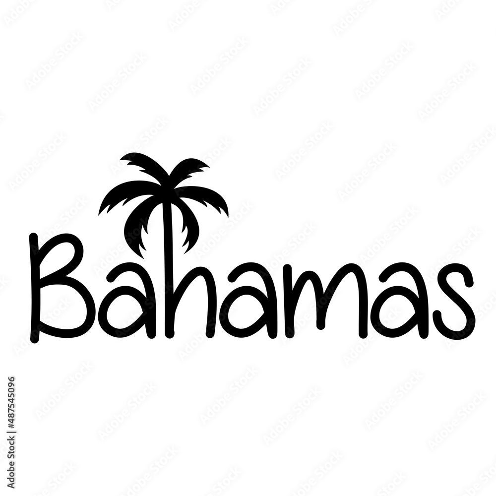 Bahamas Beach. Destino de vacaciones. Banner con texto Bahamas con letra con forma de silueta de palmera en color negro