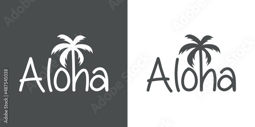 Hawaii Beach. Destino de vacaciones. Banner con texto Aloha con letra con forma de silueta de palmera en fondo gris y fondo blanco