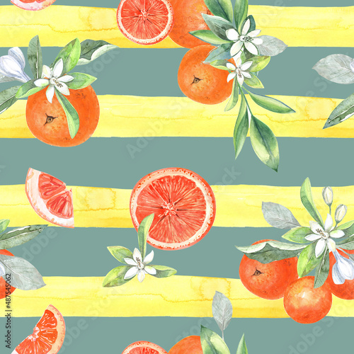 Oranges seamless pattern. Citrus   tangerines  sweet clementines. Vegetarian tropical fruit. Isolated elements. Stock illustration. Hand painted in watercolor.