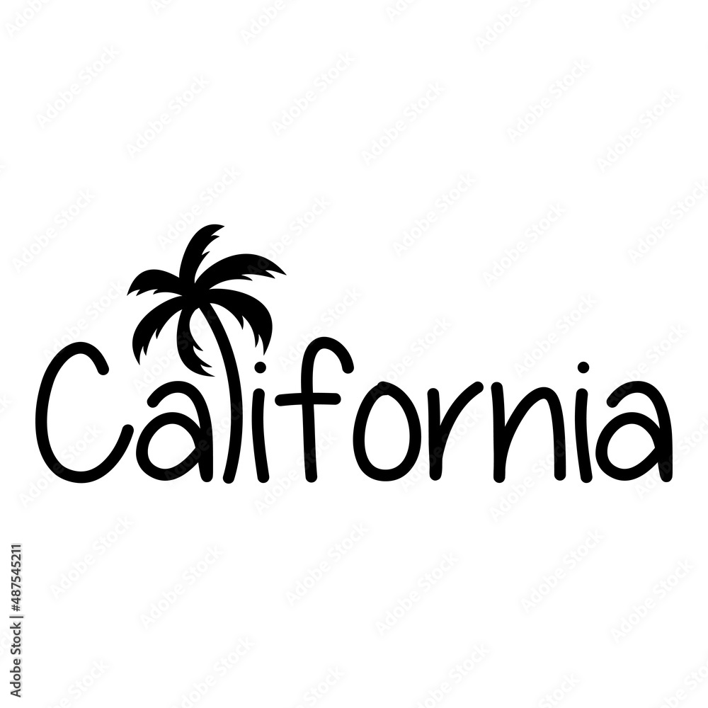 California Beach. Destino de vacaciones. Banner con texto California con letra con forma de silueta de palmera en color negro