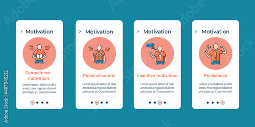 Motivation onboarding mobile app screens. Goals setting, personal control and emotional state. Inspiration steps menu. Set of UI, UX, web template with RGB color linear icons