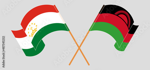 Crossed and waving flags of Tajikistan and Malawi