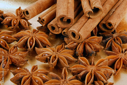 Anise star and cinnamon  closeup background photo