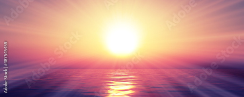 sunset sea sun ray clear sky. 3d rendering