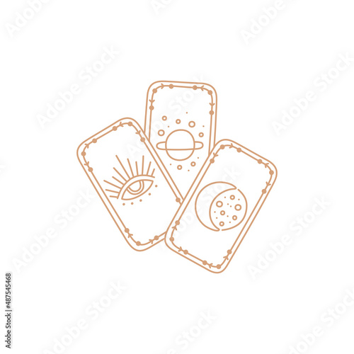 Tarot cards logo, future fortune teller icon, gold simple line in boho style. Witch symbol and mystic design element. Hand drawn vector illustration in modern flat doodle style on white background
