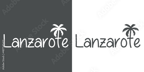 Lanzarote Beach. Destino de vacaciones. Banner con texto Lanzarote con letra con forma de silueta de palmera en fondo gris y fondo blanco