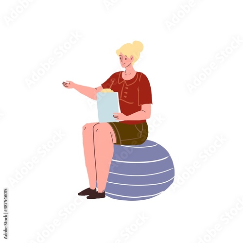 Vector flat cartoon woman character,pregnancy class trainer sitting on fitness ball,gesturing-courses for new mothers,healthy happy motherhood social concept,web site banner ad design