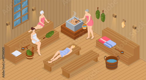 Sauna and steam room. Set of people in sauna. People relax and steam with birch brooms in traditional russian stove for female and male. Finnish bathhouse. Public sauna, Friends in spa resort