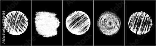 Set of scribble hand drawn in chalk on black background. Shabby white texture. Monochrome stain element. Rusted effect. Digitally generated image. Vector illustration, Eps 10.