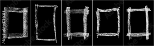Set of Monochrome Frame for Design.  Scribble hand drawn in chalk on black background. Shabby white texture. Rusted effect. Digitally generated image. Vector illustration, Eps 10. Frame for design.
