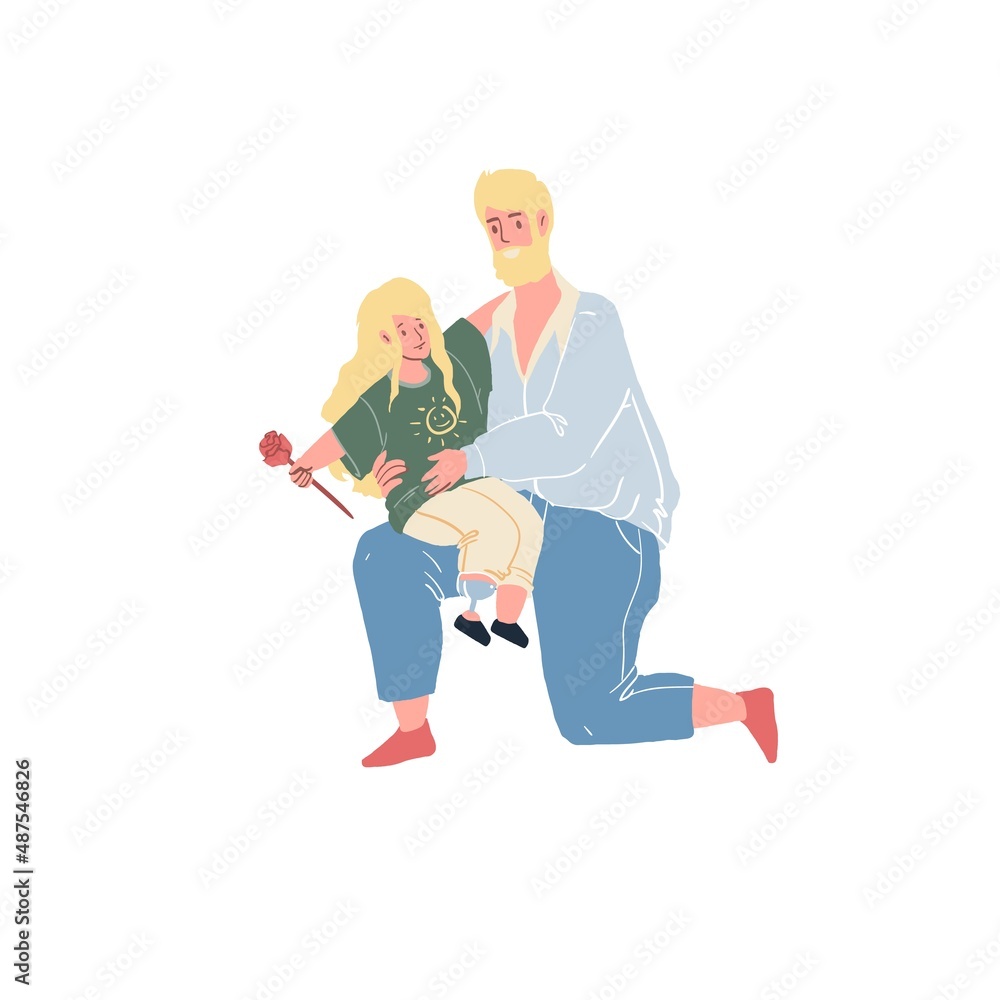 Vector cartoon flat happy family characters granddaughter holding rose and grandfather,grandpa holds little girl in arms-healthy family relationships social concept,web site banner ad design