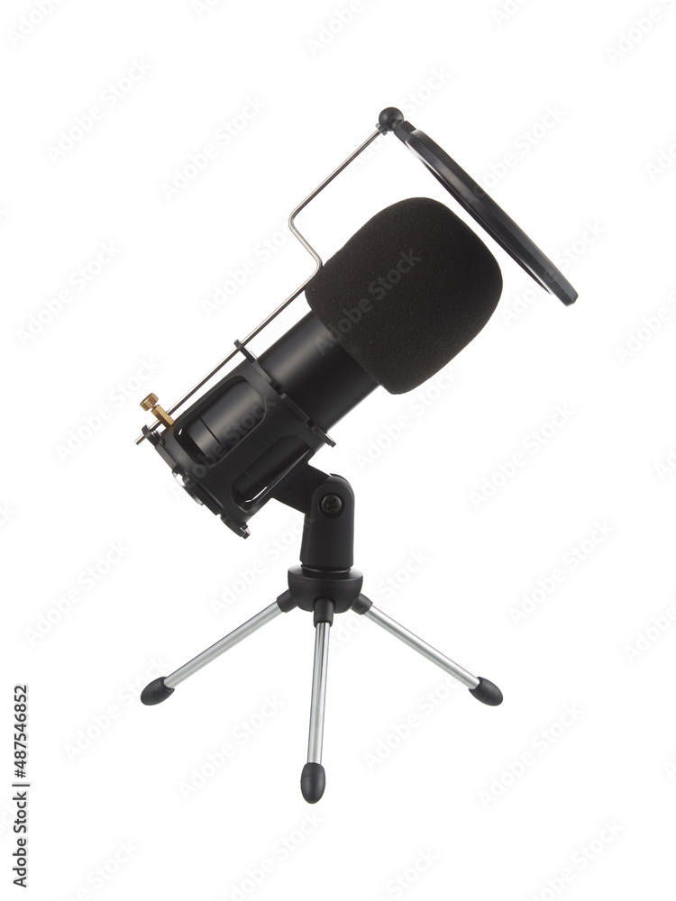 Microphone isolated on white background. Condenser microphone with shock mount. Microphone isolated on white background. Condenser microphone with shock mount.