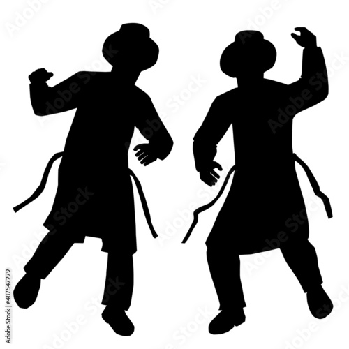 2 Jewish followers dancing. Flat vector silhouettes. Black on a white background. The figures are dressed in long coats and sashes fluttering to the sides as they move