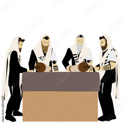 Reading the Torah - a painting of four traditional Orthodox Jewish worshipers. Wrapped in a tallit and tefillin, they go on stage and an open Torah scroll is in front of them. The priest reads.
vector