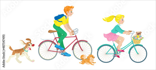 Funny boy and cute girl ride bicycles together with their pets. In cartoon style. Isolated on white background. Vector illustration.