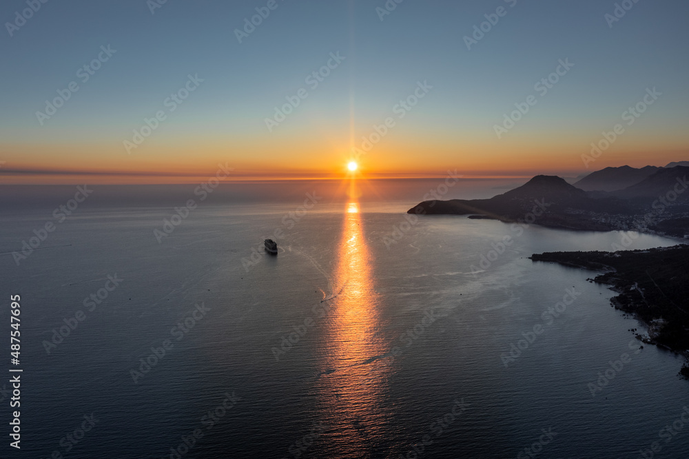Sunset on Adria Sea (Montenegro Croatia Albania) Drone Aerial Shot DJI Mavic 2 Pro