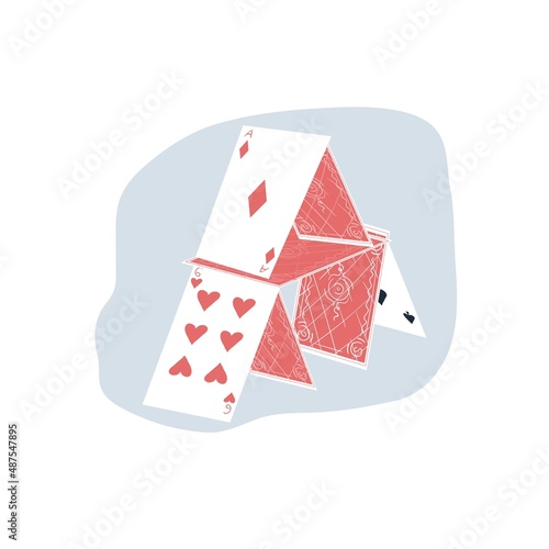Vector cartoon flat house of cards isolated on empty background-entertainment,amusement and hobby,home table balance games concept,web site banner ad design