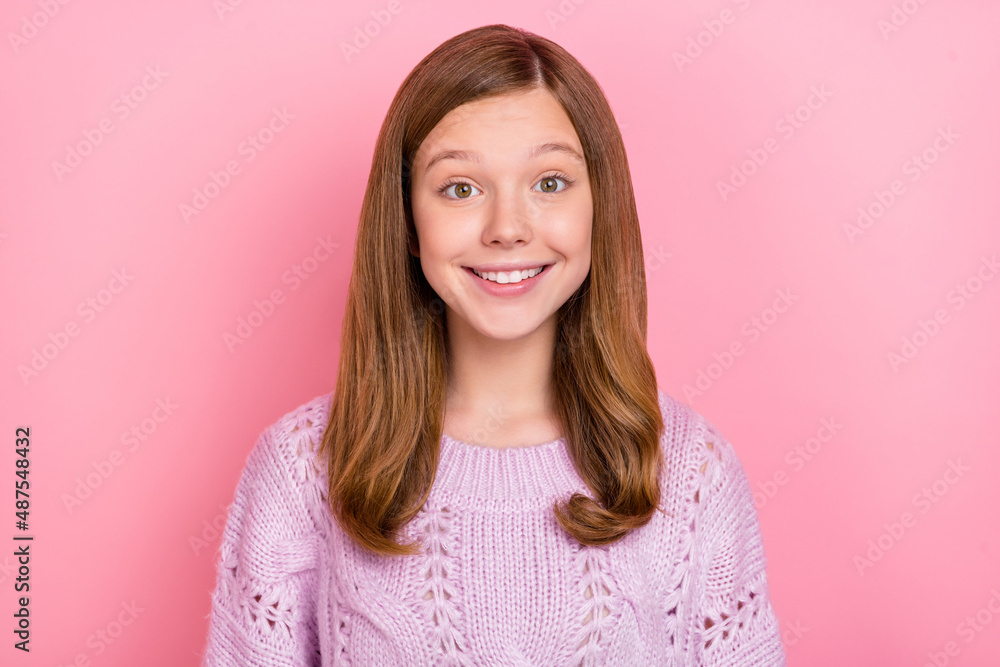 Portrait of attractive cheerful glad red-haired teen girl wearing knitwear good mood isolated on pink pastel color background Portrait of attractive cheerful glad red-haired teen girl wearing knitwear good mood isolated on pink pastel color background