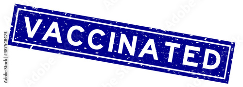 Grunge blue vaccinated word square rubber seal stamp on white background