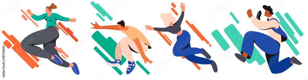 Obraz premium Happy free people in jump and in flight. Freedom, development and aspiration of people. Men and women are moving towards a dream. Colored flat vector illustration. isolated image on white background.