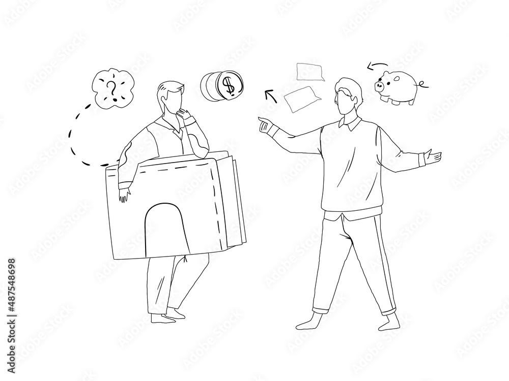 Two man talking about money and finance line vector illustration. Financial adviser, bank agent, investment broker telling client how to save cash Two man talking about money and finance line vector illustration. Financial adviser, bank agent, investment broker telling client how to save cash
