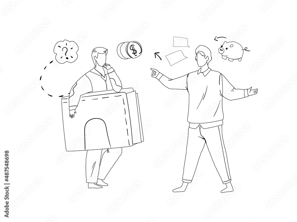 Two man talking about money and finance line vector illustration. Financial adviser, bank agent, investment broker telling client how to save cash