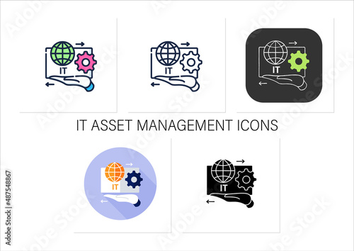 IT asset management icons set.Decision making for IT environment.Financial, contractual functions.Business concept.Collection of icons in linear, filled, color styles.Isolated vector illustrations