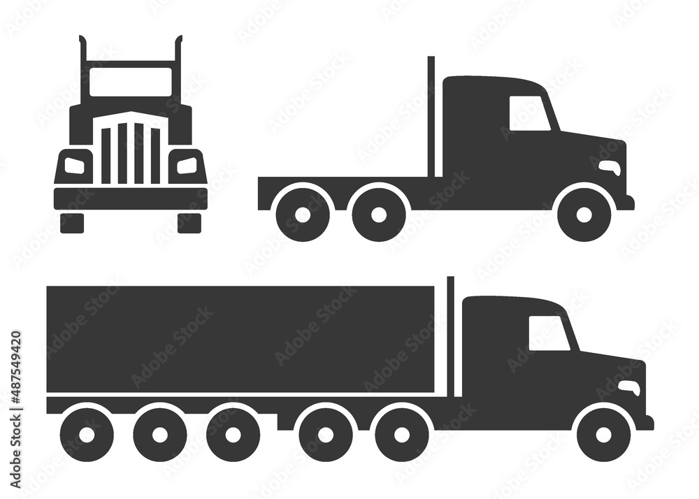 Semi trailer truck icon isolated on white background - front view and side view Semi trailer truck icon isolated on white background - front view and side view