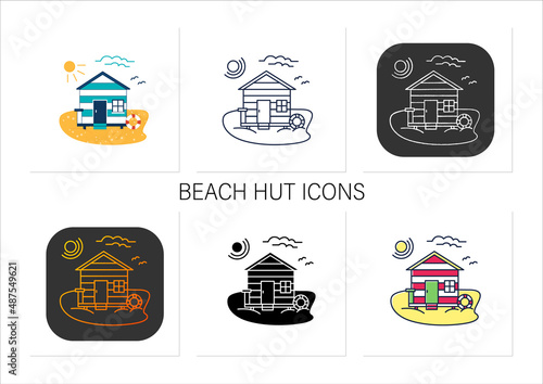 Beach hut icons set. Wooden comfortable house on beach. Lifebuoy. Seascape. Rest. Collection of icons in linear, filled, color styles.Isolated vector illustrations 