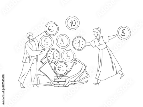 Man woman people holding euro dollar currency coin line vector illustration. Save money earnings and investment concept