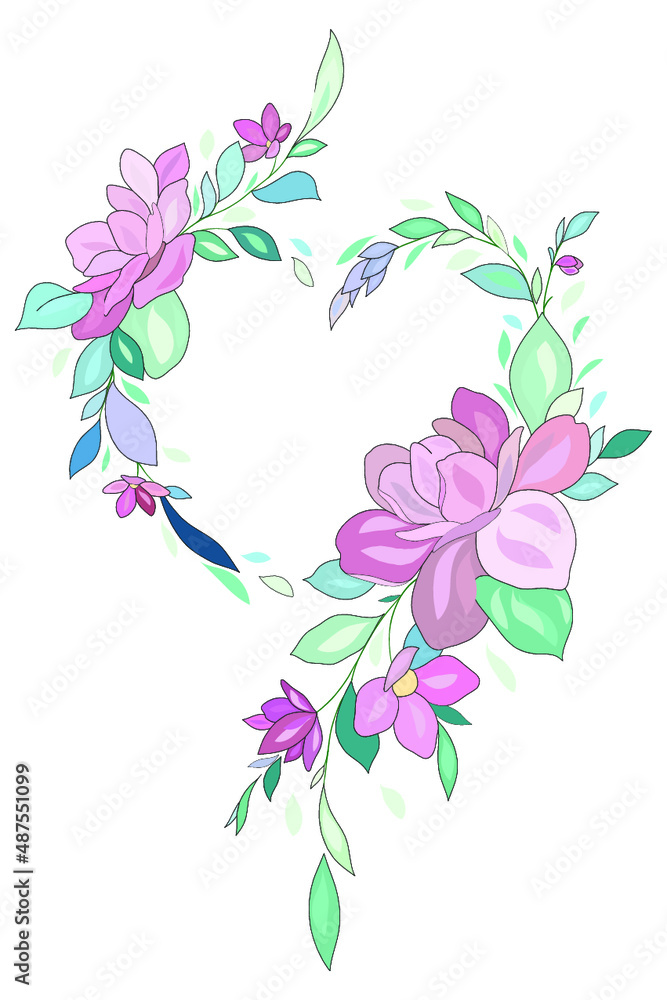 Vector frame of flowers in the shape of a heart. Isolated botanical ...