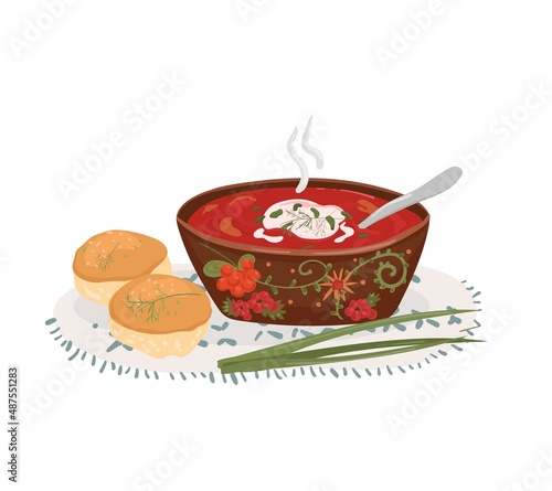 Traditional ukrainian beetroot soup, borsch.Vector illustration isolated on white background.Plate of hot soup with sour cream and onion.