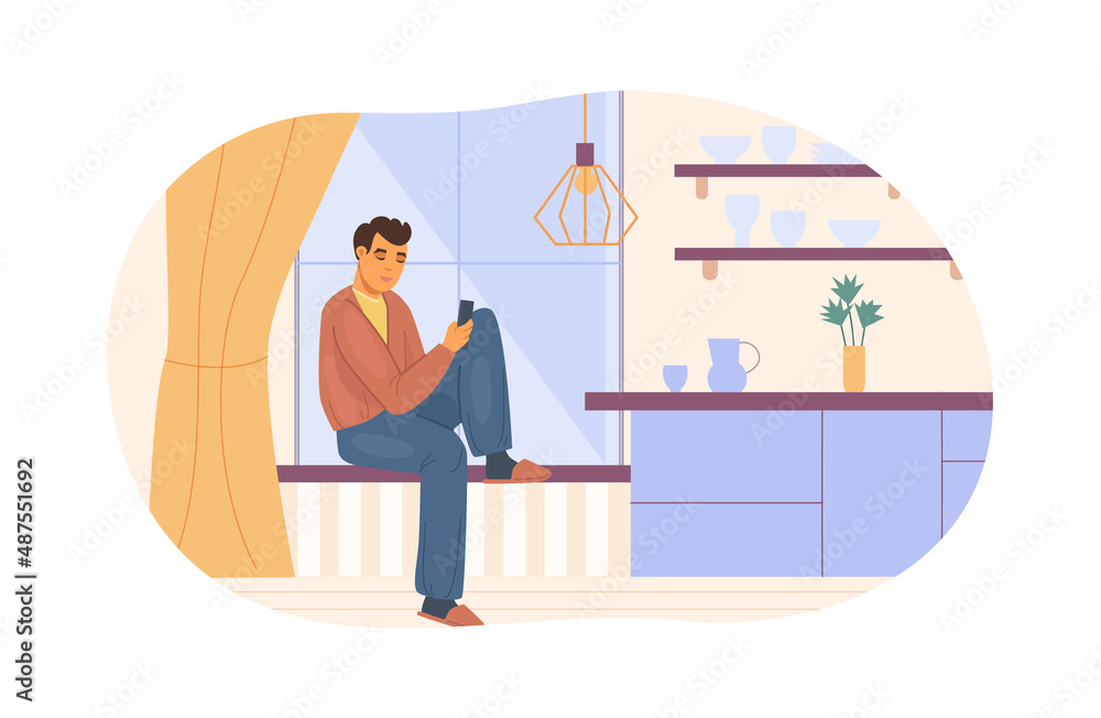 Modern man use smartphone sitting on window with monitor working at home office. Modern man use smartphone sitting on window with monitor working at home office.