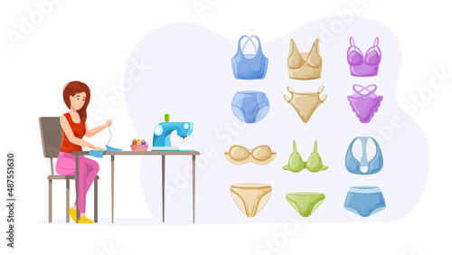 Woman seamstress sew handmade feminine underwear on sewing machine tailor creating craft textile