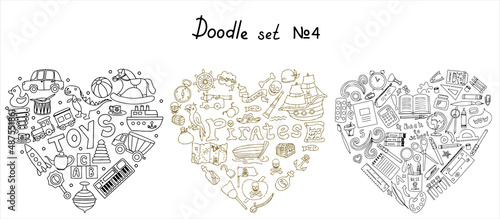 Vector doodle pirate, toys, school supples sets. A map with a hand-drawn sketch of a mermaid ship and pirate items. Template for children s postcards. Map of treasure island. Hand draw collection of
